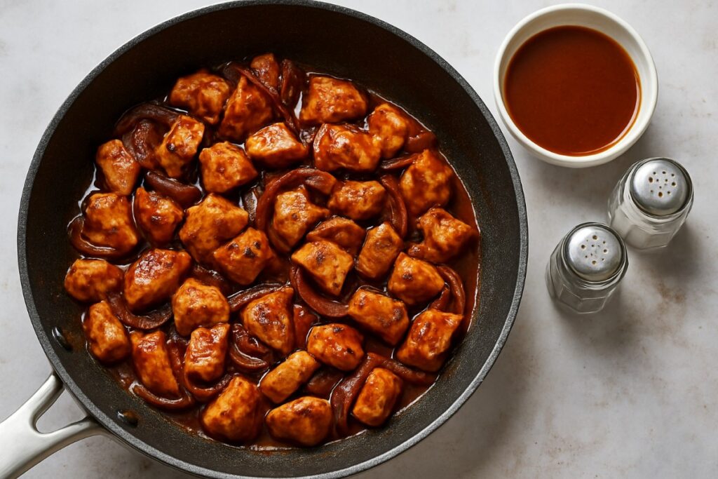 Chipotle chicken simmering with red onions in a non-stick frying pan, coated in rich smoky sauce with salt, pepper, and chipotle mixture on the side for healthy burrito bowl preparation