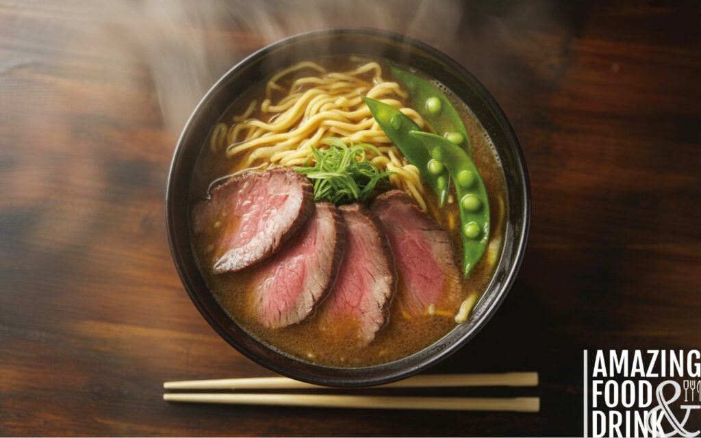 A photograph of a steaming bowl of beef ramen presented in a dramatic overhead shot. The ramen features perfectly arranged thin-cut beef strips with visible marbling, vibrant green spring onions, crisp sugar snap peas, and bright golden egg noodles submerged in a rich, aromatic broth that appears slightly opaque.  The bowl sits centered on a dark, polished wooden table beside a pair of neatly placed bamboo chopsticks, with wisps of steam rising to create a soft, hazy effect, all illuminated by warm, diffused lighting reminiscent of a traditional Japanese restaurant. Subtle bokeh highlights the edges of the bowl, enhancing the appetizing and authentic atmosphere.