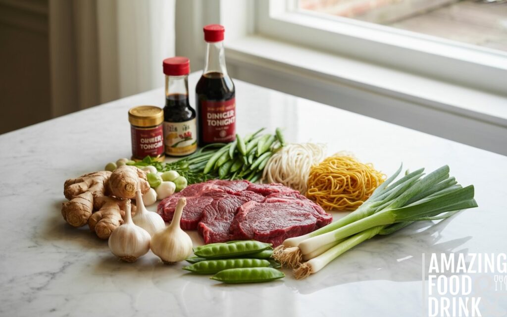 A photograph of a beautifully arranged flat lay showcasing a selection of fresh Asian cooking ingredients on a pristine white marble surface. The ingredients, including vibrant ginger root, plump garlic cloves, fresh spring onions, tender beef steaks, crisp sugar snap peas, delicate egg noodles, dark soy sauce, and savory stock cubes, are meticulously organized in a circular pattern with "Dinner Tonight" subtly displayed using the soy sauce bottles. Soft, natural light streams in from a nearby window, illuminating the ingredients and creating gentle highlights on the marble, with a shallow depth of field ensuring focus remains on the culinary display. The composition evokes a sense of freshness and culinary inspiration.