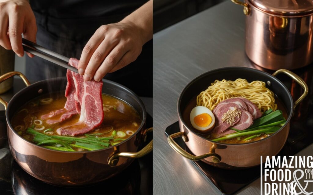 A photograph in a professional kitchen photography style showcases a step-by-step cooking sequence of preparing beef ramen. A pair of hands carefully add thinly sliced raw beef to a simmering pot filled with rich, amber-colored broth alongside vibrant green scallions and a swirl of chili oil. The ramen is plated with a generous portion of noodles, a perfectly soft-boiled egg, and a sprinkle of sesame seeds against a backdrop of stainless steel countertops and gleaming copper pots. Soft, diffused lighting illuminates the scene, highlighting the textures of the ingredients and the precision of the culinary process.