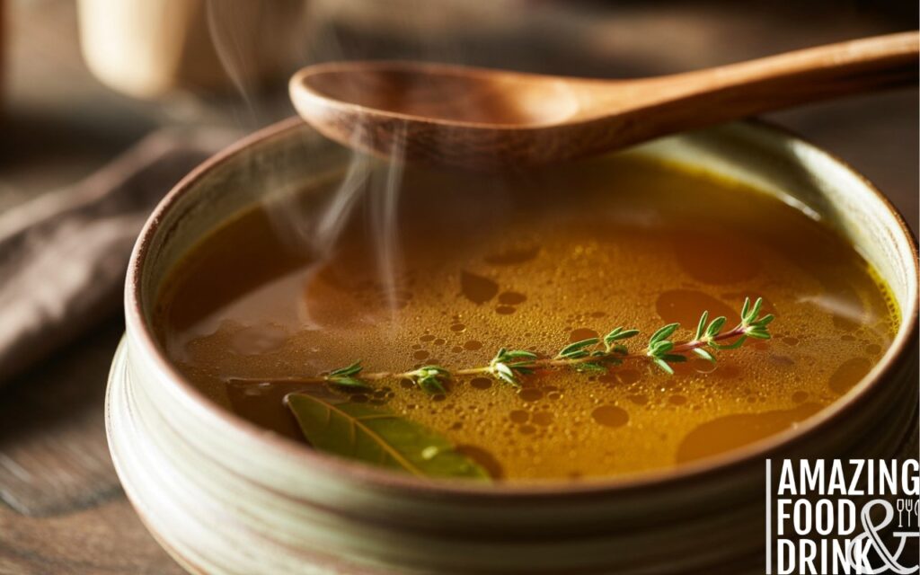 A photograph of a close-up view of rich, golden beef broth served in a rustic ceramic bowl. Steam gently rises from the broth, swirling above the surface and revealing vibrant aromatics like sprigs of thyme and bay leaves floating within. The broth itself is exceptionally clear, showcasing a deep, even color that reflects warm light and suggesting a perfect simmer.  A wooden spoon rests slightly askew on the rim of the bowl, positioned against a softly blurred background of a dark, natural wood tabletop.
