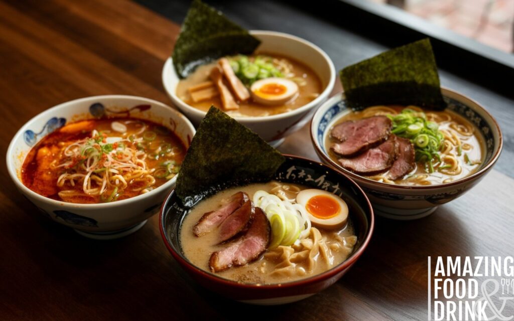 A photograph of four diverse bowls of ramen meticulously arranged in a square formation on a dark wooden table. The bowls showcase distinct variations: a spicy ramen with vibrant red chilli oil, a classic bowl with nori seaweed, a traditional version with a perfectly soft-boiled egg, and a rich roast beef ramen with thinly sliced beef. Each bowl is garnished with unique toppings, including green onions, sesame seeds, and pickled ginger, creating a visual feast of textures and colors. Soft, warm lighting from above highlights the steam rising from the ramen and casts subtle shadows, adding depth and warmth to the composition.