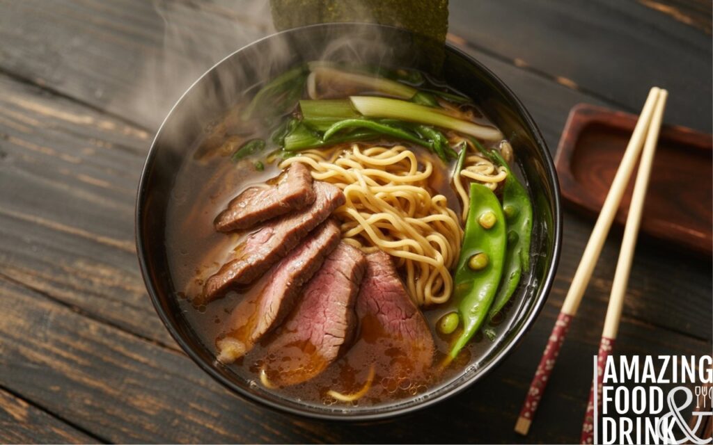 A photograph showcasing a stunning overhead shot of a steaming bowl of beef ramen. The rich, aromatic broth swirls around perfectly arranged thin-cut beef strips, vibrant green spring onions, sugar snap peas, and golden egg noodles, all carefully placed within the bowl. The bowl rests on a dark, distressed wooden table beside a pair of lacquered chopsticks, with wisps of steam rising dramatically to catch the warm, diffused lighting, evoking an authentic Japanese restaurant atmosphere. Subtle bokeh highlights the intricate textures of the ramen, creating a visually appetising and immersive culinary experience.