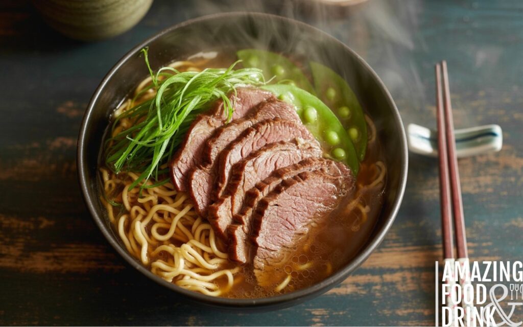A photograph showcasing a stunning overhead shot of a steaming bowl of beef ramen. Perfectly arranged, thinly sliced pieces of marinated beef cascade over a bed of golden egg noodles, alongside vibrant green spring onions and crisp sugar snap peas, all submerged in a rich, aromatic brown broth. The bowl rests on a dark, distressed wooden table next to a pair of lacquered chopsticks, with dramatic steam swirling upwards, illuminated by warm, inviting lighting to create a genuine Japanese restaurant atmosphere. Soft, diffused lighting highlights the textures and colors, emphasizing the appetizing appeal of this traditional dish.