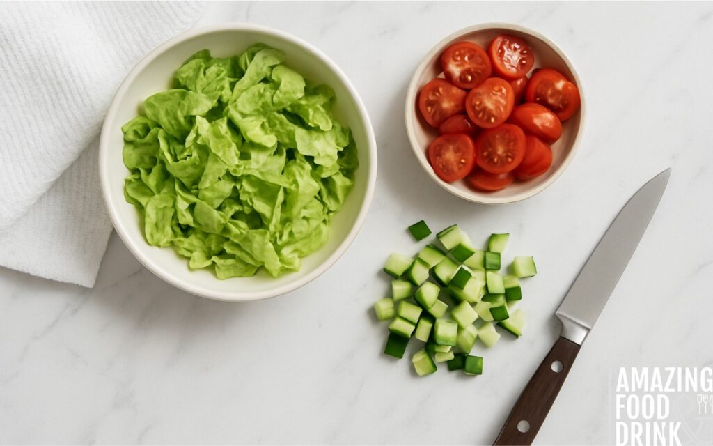Fresh salad prep with shredded lettuce, halved cherry tomatoes, and diced cucumber on marble countertop, ideal for healthy burrito bowl toppings and clean eating recipes