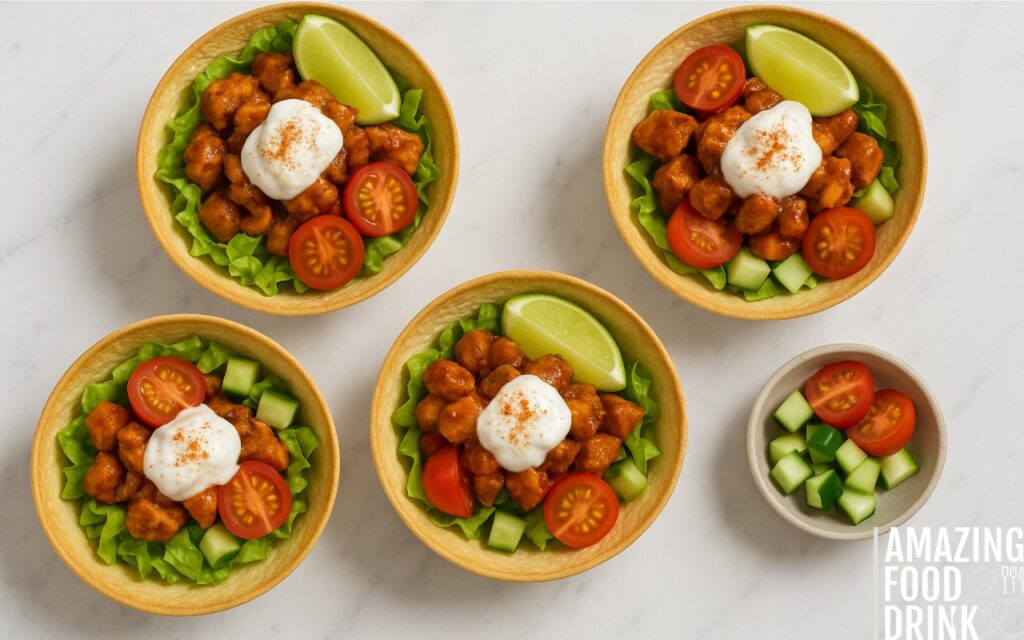 Healthy burrito bowls served in crispy tortilla shells with chipotle chicken, lettuce, cherry tomatoes, cucumber, Greek yoghurt, paprika and lime wedges on marble surface"