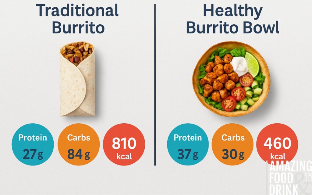 Nutritional comparison infographic showing traditional burrito vs healthy burrito bowl with images, highlighting protein, carbs, and calorie content for healthy meal planning