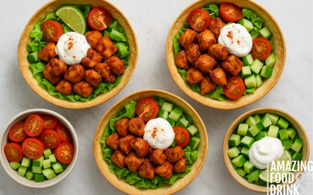 Healthy burrito bowls served in crispy tortilla shells with chipotle chicken, fresh lettuce, cherry tomatoes, cucumber, Greek yoghurt, and lime wedges on marble background