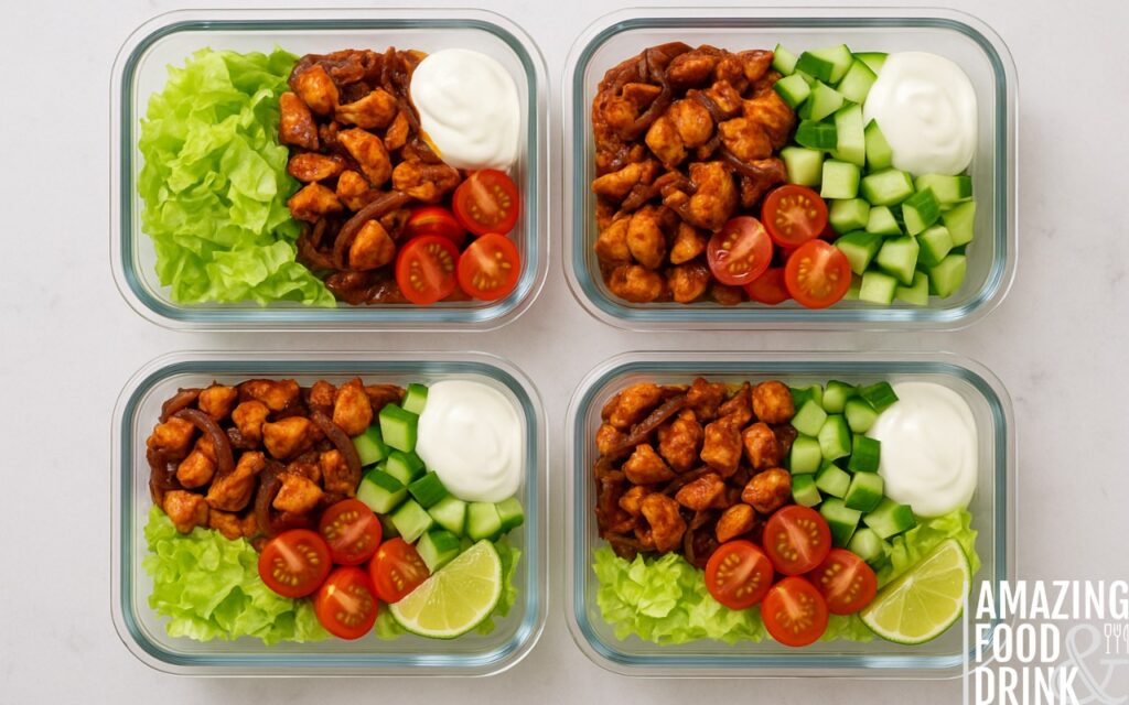 Glass meal prep containers filled with burrito bowl ingredients including chipotle chicken, lettuce, cherry tomatoes, cucumber, Greek yoghurt, and lime for healthy weekly lunches