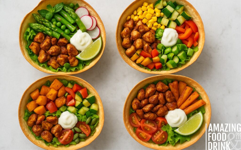Four seasonal burrito bowl variations in tortilla shells featuring spring asparagus and peas, summer sweetcorn and courgette, autumn butternut squash and pumpkin seeds, and winter roasted root vegetables with chipotle chicken
