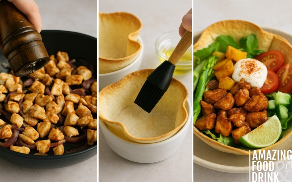 Step-by-step preparation of a healthy burrito bowl showing close-up shots of seasoning chipotle chicken, brushing tortillas for baking, and assembling with fresh vegetables and yoghurt