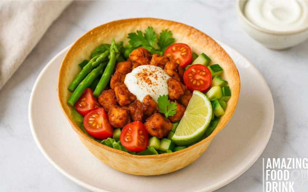 Close-up of healthy chicken burrito bowl in a crispy tortilla shell with cherry tomatoes, cucumber, asparagus, lime wedge, yoghurt, and fresh coriander on a white plate
