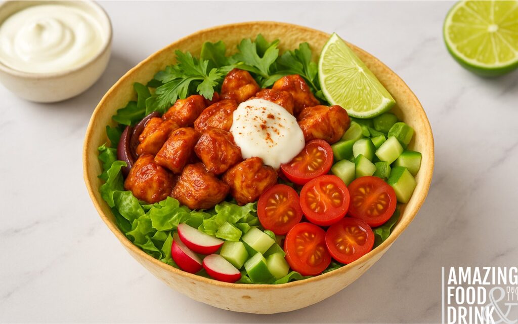 Close-up of healthy chicken burrito bowl in a tortilla shell with cherry tomatoes, cucumber, radish, fresh lettuce, chipotle chicken, yoghurt, and lime wedge on marble background