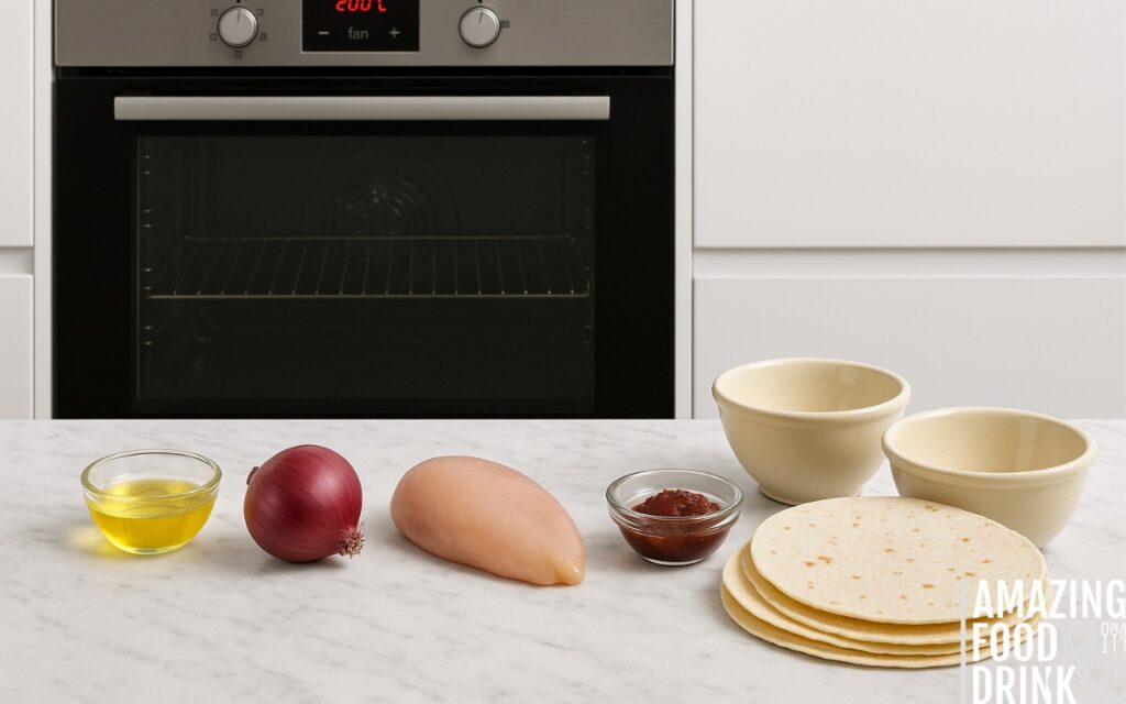 "Preheated oven at 200&deg;C with burrito bowl ingredients and oven-safe bowls arranged on marble countertop, illustrating step-by-step cooking preparation for healthy tortilla bowls"

