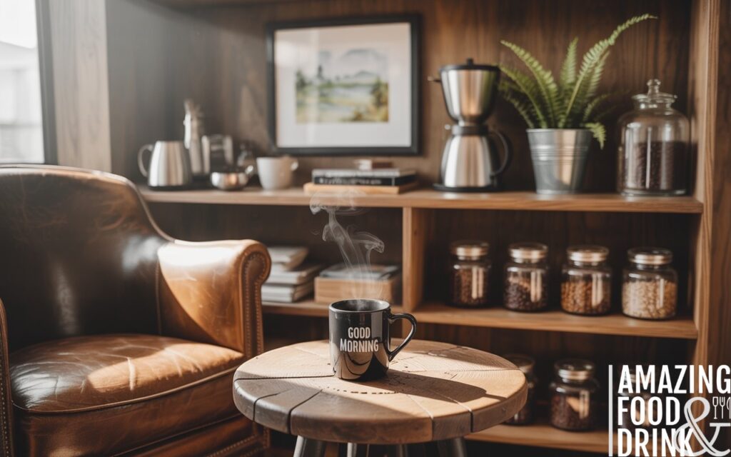 A photograph showcasing a cozy coffee nook bathed in soft morning light. A worn, leather armchair sits invitingly beside a rustic wooden table holding a steaming mug with "Good Morning" inscribed on the side. Organized shelving displays a curated collection of coffee equipment, glass jars filled with various beans, and a small potted fern, all contributing to the warm wood tones of the space.  A framed watercolor painting of a landscape hangs above the shelves, adding a personal touch to this serene sanctuary for coffee enjoyment.