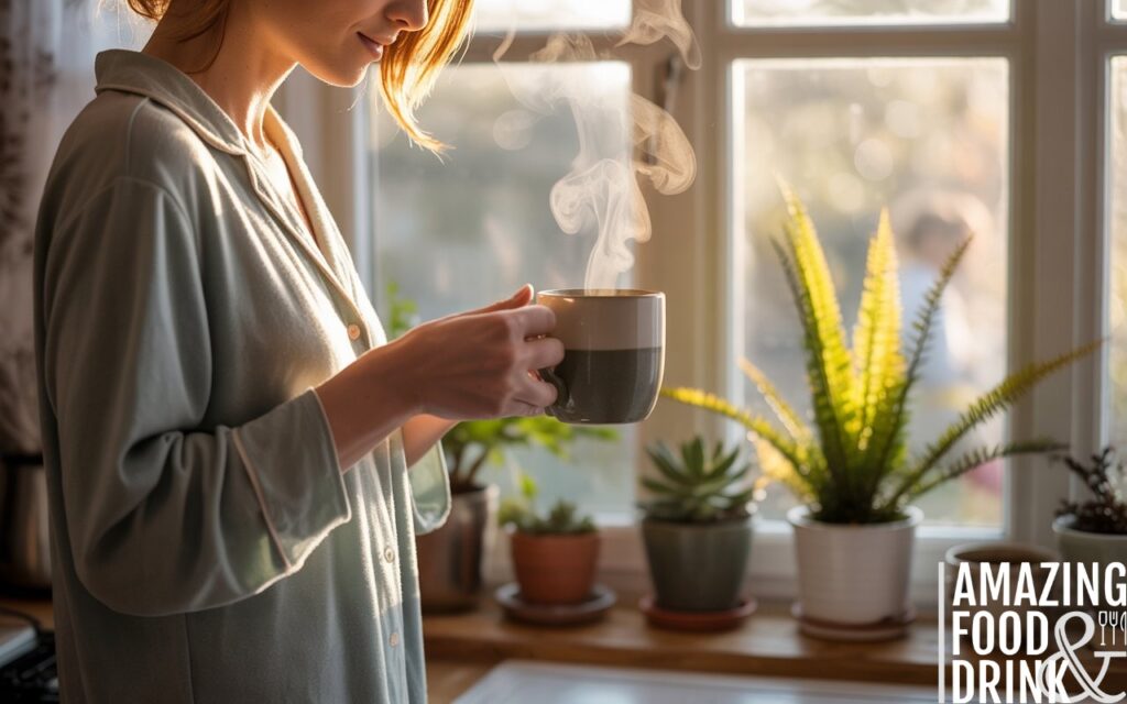 A photograph of a person in soft grey pajamas standing in a sun-drenched kitchen, mindfully pouring hot coffee into a ceramic mug. The person has a peaceful expression and their auburn hair is loosely pulled back as steam gently rises from the cup, partially obscuring the view of a window behind them. Several potted ferns and succulents are arranged on the windowsill, catching the golden morning light. Soft, diffused natural light floods the room, creating a warm and cozy atmosphere.