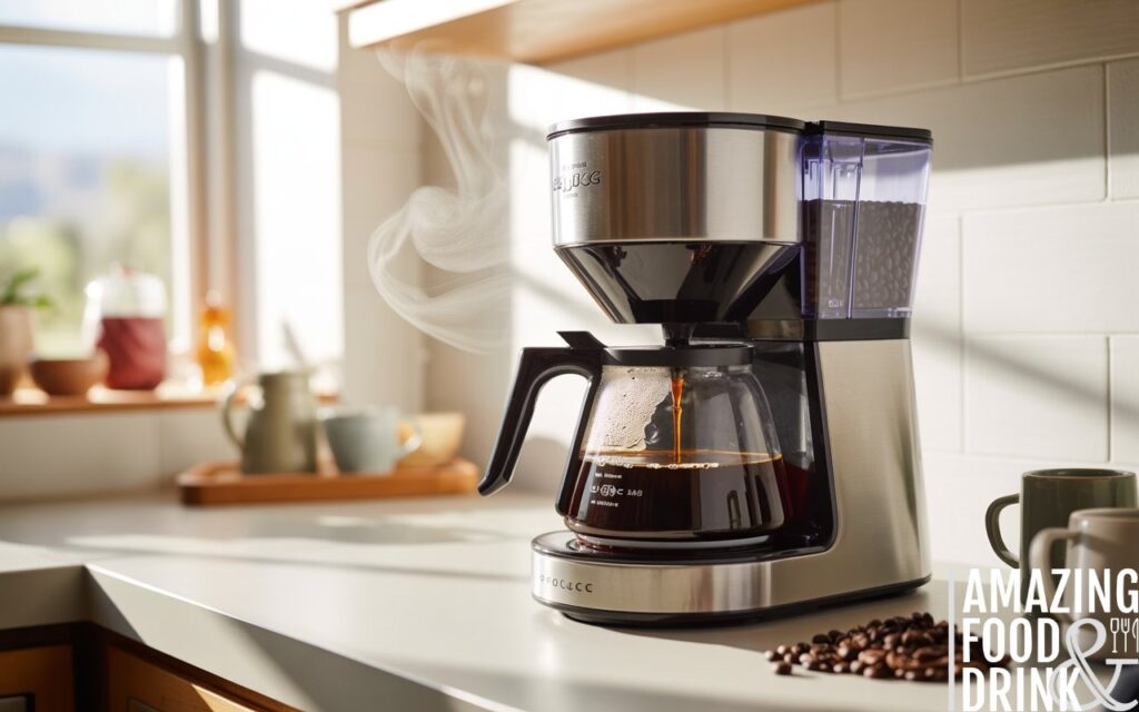 A photograph of a sleek, modern automatic drip coffee maker in action on a clean white kitchen counter. The coffee maker features a stainless steel exterior with a glass carafe positioned beneath, displaying a stream of freshly brewed coffee and wisps of steam rising from the hot plate. Inside the filter basket, medium-ground coffee beans are visible, and the water reservoir is partially filled with clear water, illuminated by gentle morning sunlight streaming in from a nearby window. Several ceramic mugs and a small pile of dark roasted coffee beans rest on the counter nearby, completing the cozy and inviting home kitchen setting.