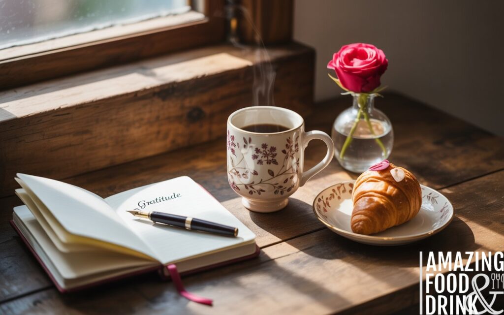 A photograph of an elegant coffee service set up on a rustic wooden table. A beautiful ceramic mug with a delicate floral pattern holds steaming coffee, accompanied by a small plate displaying a simple almond croissant. Beside the mug sits an open journal titled "Gratitude" with a fountain pen resting on its pages, while a small vase holds a single, vibrant red rose. Soft morning light streams through a nearby window, casting warm shadows across the table and creating a serene atmosphere of peaceful morning luxury.
