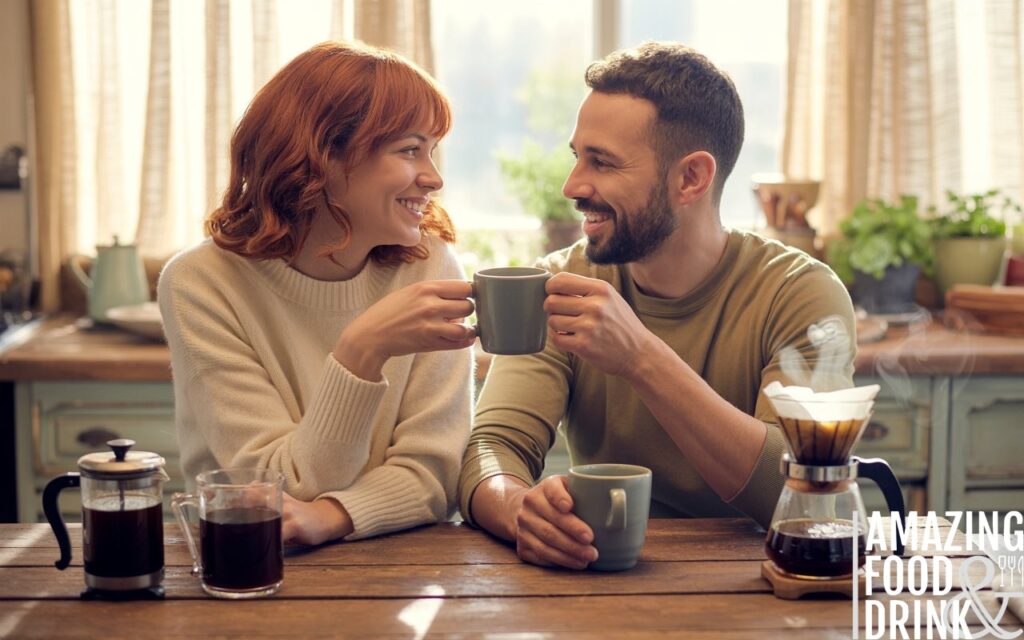 A warm, inviting lifestyle photograph captures two friends sharing coffee at a rustic wooden kitchen table, conveying a sense of comforting familiarity. A woman with wavy auburn hair and a comfortable cream-colored sweater leans slightly towards a man with a neatly trimmed beard, both sharing genuine smiles as they engage in conversation, their hands gently holding ceramic mugs. Several coffee brewing devices, including a French press and a pour-over setup, are artfully arranged on the counter, with wisps of steam curling upwards, bathed in the soft, diffused light of a morning sunrise filtering through sheer linen curtains. The background features a cozy, slightly cluttered kitchen with vintage-style cabinetry and potted herbs on the windowsill, creating a feeling of lived-in warmth and authentic connection.