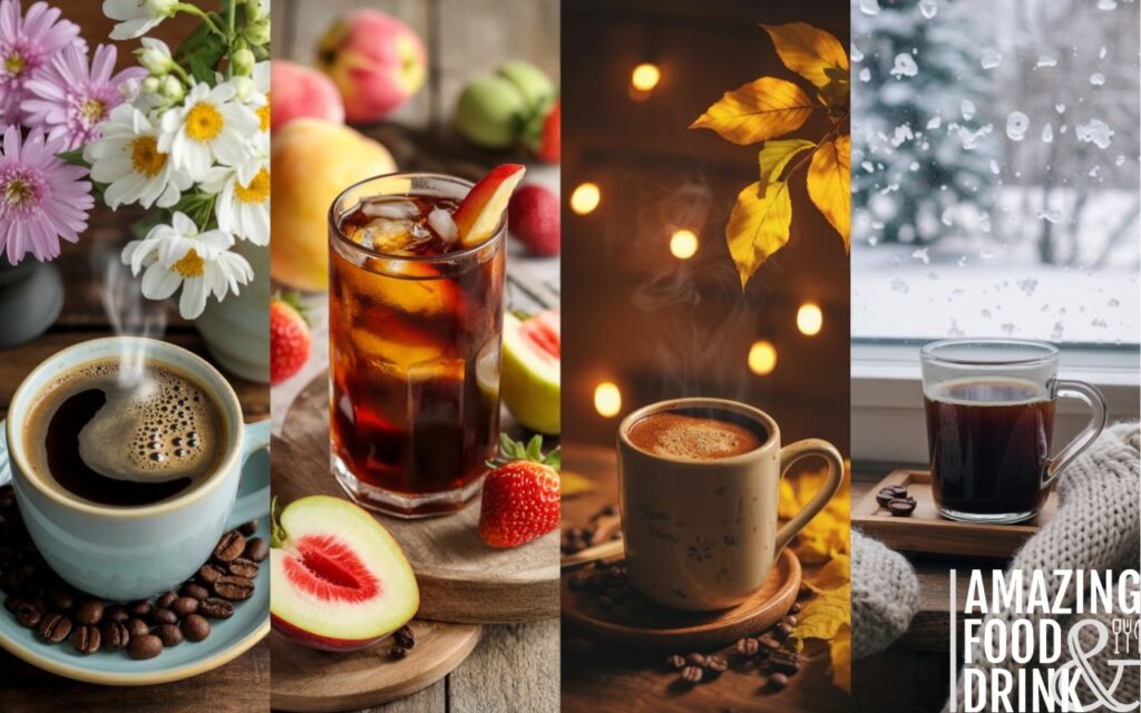 A photograph depicting a four-panel coffee collage, each showcasing a unique seasonal experience. The first panel features a delicate arrangement of pastel-colored spring flowers surrounding a steaming cup of light roast pour-over coffee, while the second displays a refreshing iced coffee with slices of vibrant summer fruits like strawberries and peaches. The third panel exhibits a mug of spiced coffee with warm autumnal colors, accompanied by gently falling golden leaves, and the final panel shows a dark roast coffee alongside a cozy knitted blanket, with soft snow visible through a frosted window. Warm, inviting lighting illuminates each scene, capturing the essence of seasonal coffee enjoyment in a visually appealing arrangement.