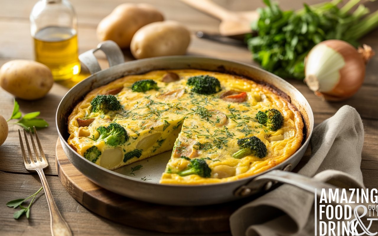 A photograph of a golden, perfectly cooked Italian vegetarian frittata presented in a weathered cast iron pan on a rustic wooden table. The frittata is cut into neat wedges, revealing a fluffy interior filled with tender potatoes, vibrant green broccoli, and freshly chopped herbs, while one slice is gently lifted to showcase the textures within. Around the pan, artfully arranged ingredients like whole new potatoes, a white onion, parsley sprigs, and a bottle of premium olive oil, are complemented by a loosely folded linen napkin and a vintage fork. Warm, natural morning light streams from the left, casting soft shadows and highlighting the steam rising gently from the frittata, creating a warm, inviting, and rustic-elegant scene. Vegetarian Italian Omelette Recipe | High-Protein Egg Dish for Brunch or Dinner