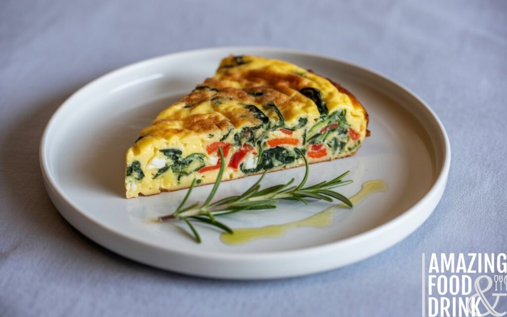 A photograph of a golden-brown frittata served on a simple white ceramic plate against a soft gray background. A single, perfect wedge has been neatly cut from the frittata, revealing a vibrant interior of sauteed vegetables including red bell peppers, spinach, and crumbled feta cheese, showcasing a pleasing texture. A delicate sprig of fresh rosemary sits artfully beside the frittata, with a light drizzle of extra virgin olive oil glistening across the surface. Gentle, diffused natural light illuminates the scene, creating a clean and appetizing image suitable for recipe cards and social media.