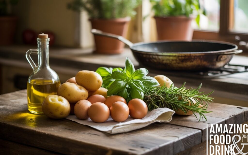 A photograph of a rustic Italian kitchen counter overflowing with fresh ingredients for a vegetarian omelette. Nestled on the worn wooden surface are a dozen speckled brown eggs, vibrant new potatoes, a handful of fragrant basil and rosemary sprigs, and a bottle of golden olive oil, all bathed in the soft glow of morning light streaming through a nearby window. A heavy, well-seasoned cast iron pan sits slightly out of focus in the background, hinting at the delicious meal to come. The scene evokes a sense of warmth, tradition, and the simple pleasures of Italian home cooking.