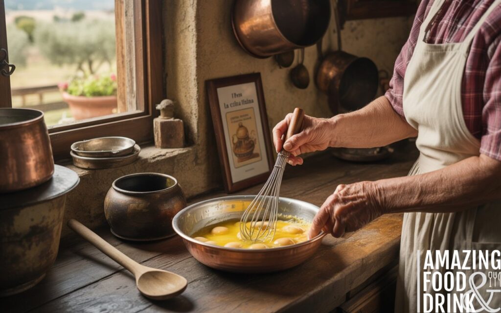 A photograph depicting a heartwarming scene within a rustic Italian farmhouse kitchen, featuring the weathered hands of an elderly Italian nonna preparing a classic frittata. Her hands, adorned with fine lines and gentle wrinkles, deftly whisk eggs in a copper bowl, while a traditional wooden spoon rests nearby, alongside various antique cooking utensils.  The kitchen is bathed in warm, sepia-toned light filtering through a window revealing a view of a sun-drenched olive grove, with copper pots hanging from the ceiling and a framed print of "La Cucina Italiana" on the wall. The scene captures a moment of culinary tradition and timeless family heritage.