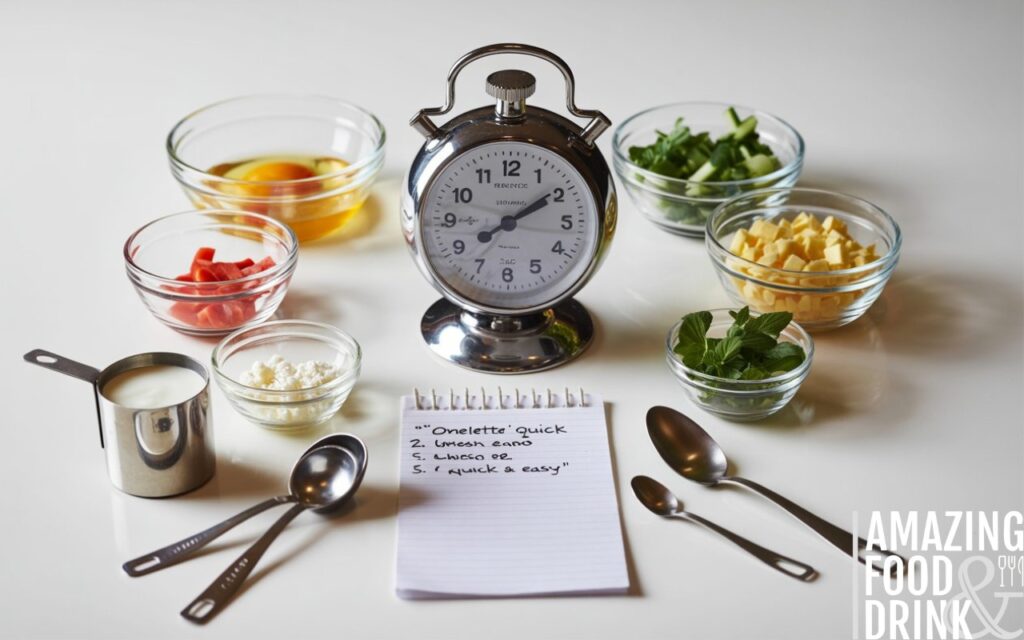 A photograph of a meticulously arranged flat lay showcasing the preparation of an omelette, centered around a vintage stainless steel kitchen timer set to "7:00". Around the timer are several clear glass prep bowls containing ingredients like whisked eggs, diced vegetables, crumbled cheese, and fresh herbs, each arranged in order of cooking stage. A small notepad rests to the side, displaying a handwritten recipe with timing instructions reading "“Omelette – Quick & Easy”", and various measuring spoons and cups are scattered artfully around the scene. The entire composition is set against a clean white background with soft, diffused natural light illuminating the ingredients and creating gentle shadows.