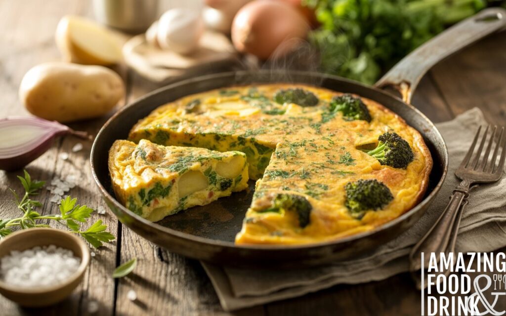 A photograph of a golden-brown Italian vegetarian frittata in a well-worn cast iron pan, displaying neat wedges with one slice partially lifted to reveal its fluffy interior of tender potatoes, vibrant broccoli, and fresh herbs. The frittata rests on a weathered wooden table bathed in warm, natural morning light, with scattered ingredients like potatoes, onions, parsley, and eggs arranged around it alongside a rustic linen napkin and vintage fork. A small bowl of glistening sea salt crystals adds a touch of elegance, while soft shadows and a shallow depth of field emphasize the frittata and blur the surrounding ingredients, creating a rustic-elegant mood perfect for sharing. Gentle steam rises from the frittata, accentuating its inviting aroma and warm, golden tones, shot from a 45-degree angle to showcase both its exterior and interior.