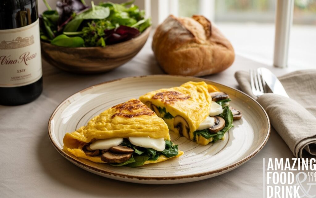 A photograph of an elegantly set table featuring a finished omelette cut into perfect wedges on a handcrafted ceramic platter. The omelette is a vibrant yellow filled with sauteed mushrooms, spinach, and melted Gruyère cheese, positioned centrally on the table. Accompanying the omelette are a fresh mixed green salad in a rustic wooden bowl, a loaf of crusty sourdough bread, and a bottle of Chianti wine with a label that reads "Vino Rosso" next to a pair of matching linen napkins. Soft, natural light streams in through a nearby window, creating a warm and inviting ambiance perfect for brunch.