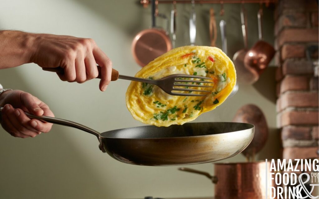 A photograph of skilled hands expertly flipping a golden omelette in a gleaming non-stick pan, capturing the pivotal moment mid-air with the omelette perfectly suspended and showcasing a beautiful circular form. The chef's hands, weathered and strong, are illuminated by the warm kitchen lighting, while flecks of herbs like parsley and chives are visible within the fluffy, golden-yellow egg mixture. A copper pot rack hangs in the background, filled with various cooking utensils, and a glimpse of a rustic brick wall suggests a traditional Italian kitchen setting. Soft, diffused lighting casts gentle shadows, highlighting the steam rising from the omelette and emphasizing the technique and skill involved in preparing "un'omelette perfetta".