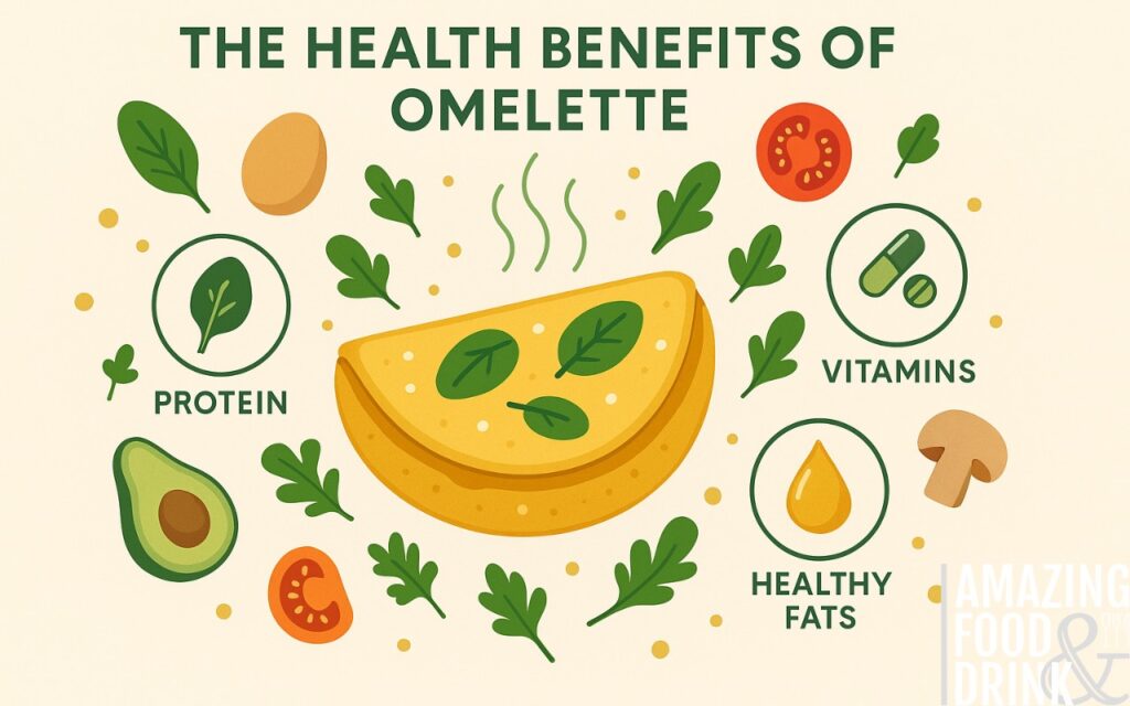 Infographic titled "THE HEALTH BENEFITS OF OMELETTE" featuring a stylised omelette at the centre, surrounded by fresh ingredients like spinach, avocado, tomato, mushrooms, and herbs. Icons with UK spelling label three nutritional benefits: protein, vitamins, and healthy fats. The design uses a vibrant green and gold colour scheme with a clean, modern aesthetic.

