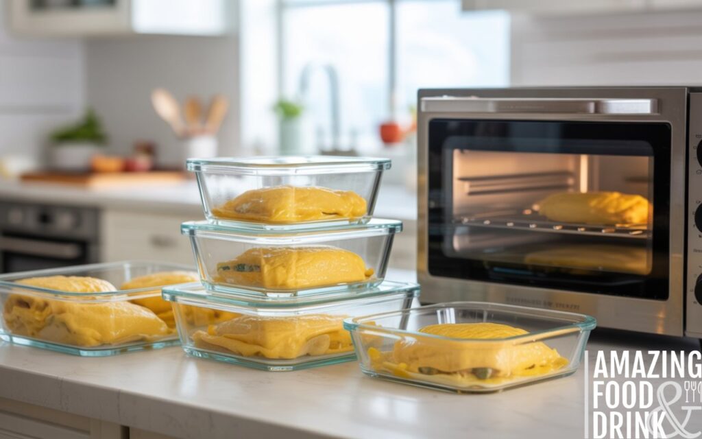 A photograph of a meticulously organized kitchen counter showcasing a meal prep setup focused on perfectly portioned omelettes. Several glass containers filled with fluffy, golden-yellow omelettes are arranged – some resting at room temperature, others neatly stored in the refrigerator, and one positioned near a modern toaster oven set to reheat. The clean, white kitchen background features stainless steel appliances and soft natural light streaming through a nearby window, highlighting the freshness and practicality of the scene.