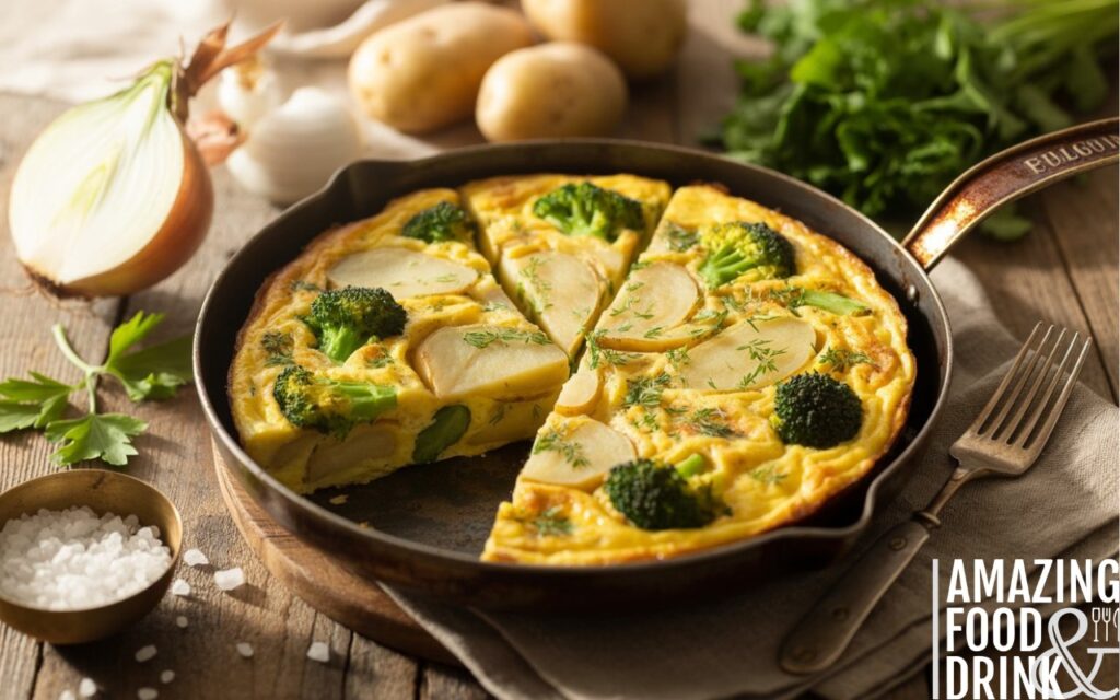 A photograph of a perfectly golden, Italian vegetarian frittata presented in a rustic cast iron pan on a weathered wooden table. The frittata is sliced into neat wedges, revealing a fluffy interior bursting with tender potatoes, vibrant green broccoli, and fresh herbs, with one slice gently lifted to showcase its texture. Arranged around the pan are whole new potatoes, a halved white onion, and fresh parsley sprigs, complemented by a rustic linen napkin, vintage fork, and a small bowl of glistening sea salt crystals. Soft morning light streams from the left, creating warm golden tones and gentle shadows that highlight the inviting rustic-elegant scene.