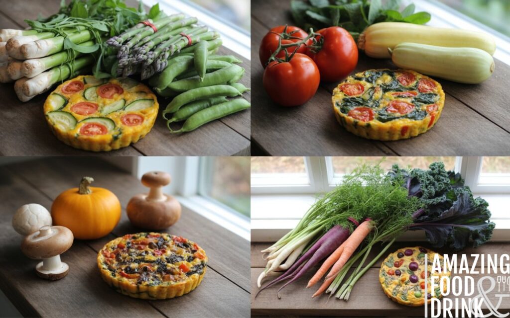 A photograph of a four-season flat lay showcasing a vibrant arrangement of seasonal vegetables in four distinct quadrants. The quadrants feature fresh spring asparagus and bright green peas, ripe summer tomatoes and yellow courgettes, earthy autumn mushrooms and orange squash, and hearty winter kale and colorful root vegetables, each complemented by a miniature frittata variation. Each quadrant is arranged on a rustic wooden surface, bathed in soft, natural window light, with each frittata displaying unique herbs and spices. The overall composition is clean and minimalist, highlighting the colors and textures of the produce and the artistry of the culinary creations.