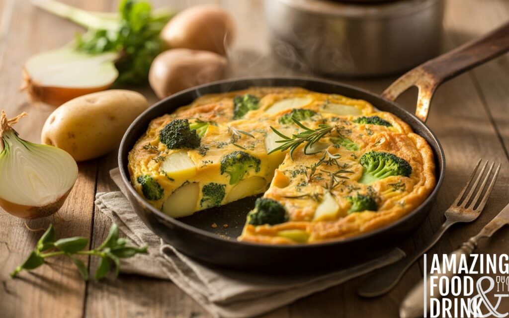 A photograph of a perfectly golden, Italian vegetarian frittata presented in a rustic cast iron pan. The frittata is cut into neat wedges, revealing a fluffy interior filled with tender potatoes, vibrant green broccoli, and a medley of fresh herbs like rosemary and thyme, all bathed in soft morning light. Arranged artfully around the pan on a weathered wooden table are whole new potatoes, a halved white onion, and a sprig of fresh parsley; a vintage fork and a linen napkin complete the scene. Warm golden tones and subtle shadows create a rustic-elegant mood, with steam gently rising, shot from a 45-degree angle with a shallow depth of field focusing on the "frittata".