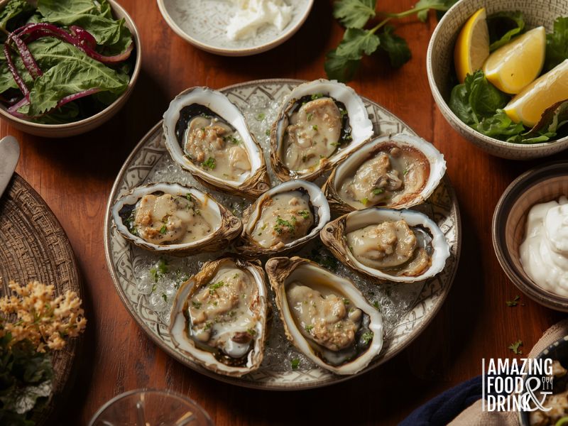 Cooked Carlingford oysters with side dishes