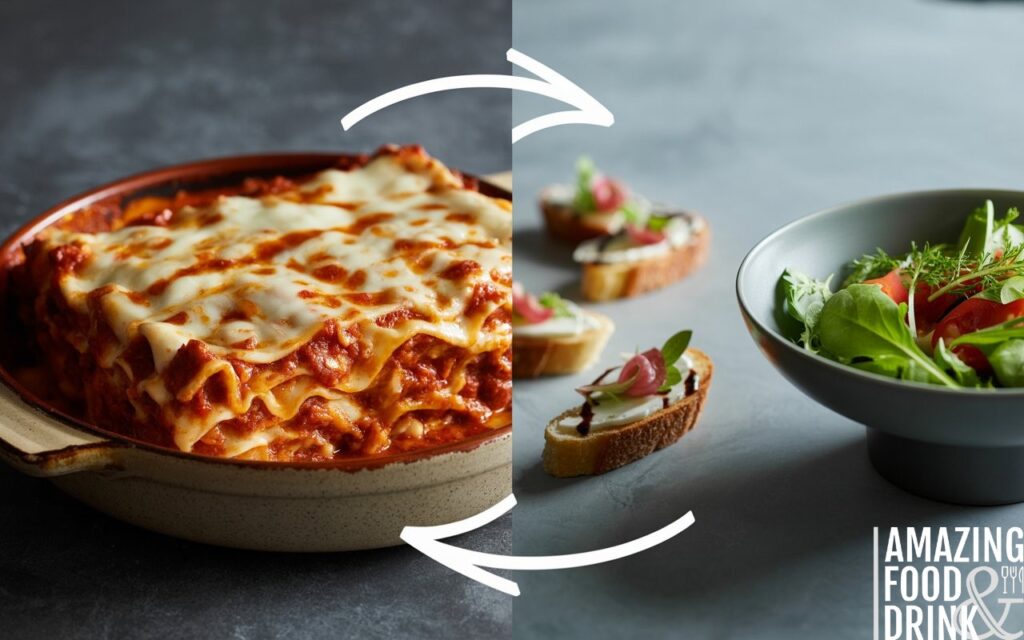 A photograph depicting a split-screen composition showcasing culinary balance. On the left, a generous portion of rich, cheesy lasagna, bubbling with melted mozzarella and layered with vibrant red sauce, sits within a rustic ceramic dish. Conversely, the right side presents an assortment of light and fresh appetizers: colorful bruschetta topped with balsamic glaze and a crisp green salad arranged in a sleek white bowl; thin arrows visually connect the two sides, symbolizing harmony. Soft, diffused light illuminates both sides, highlighting the textures and colors of the food, while a dark grey slate countertop provides a neutral backdrop.