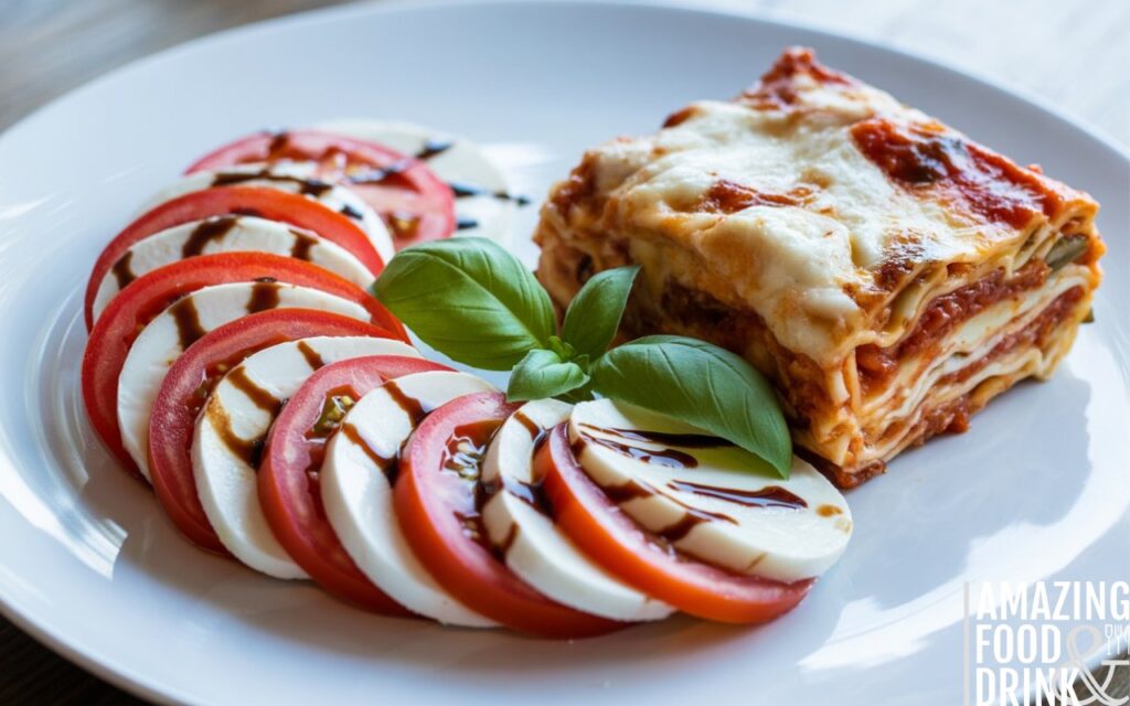 A photograph showcases an elegant Caprese salad artfully arranged on a pristine white ceramic plate. Alternating slices of vibrant red tomatoes and creamy white mozzarella create a striking pattern, generously garnished with bright green fresh basil leaves and drizzled with a glossy balsamic glaze. Beside the salad sits a steaming, classic lasagna, its layers of pasta and cheese visible, adding a comforting contrast to the fresh, light salad. Soft, natural light illuminates the scene, highlighting the textures and colors of the food and creating a warm and inviting ambiance.