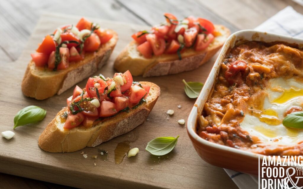 A photograph of a rustic bruschetta arrangement on a weathered wooden cutting board. The bruschetta features toasted baguette slices topped with vibrant diced tomatoes, fragrant fresh basil, and minced garlic, with a drizzle of golden olive oil and a few scattered basil leaves for garnish. Next to the bruschetta sits a classic lasagna in a ceramic dish with visible steam rising from its bubbling cheese and rich tomato sauce. Soft, natural light highlights the textures and colors of the food, creating a warm and inviting culinary scene.