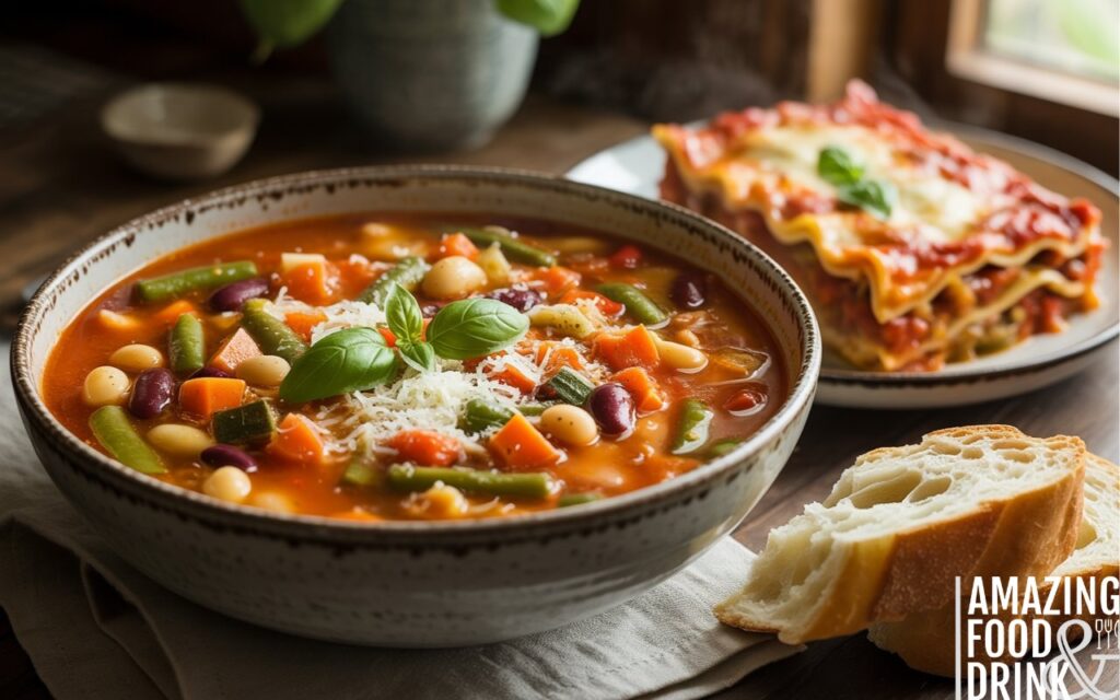 A photograph of a rustic ceramic bowl overflowing with vibrant minestrone soup, showcasing a colorful mix of diced carrots, zucchini, green beans, kidney beans, and small pasta shapes. Sprigs of fresh basil and a generous dusting of grated Parmesan cheese adorn the surface of the soup, adding visual texture and aroma. Next to the bowl sits a steaming plate of classic lasagna, with golden-brown bubbling cheese, alongside a rustic slice of crusty Italian bread. Soft, warm window light illuminates the scene, creating a cozy and inviting atmosphere.