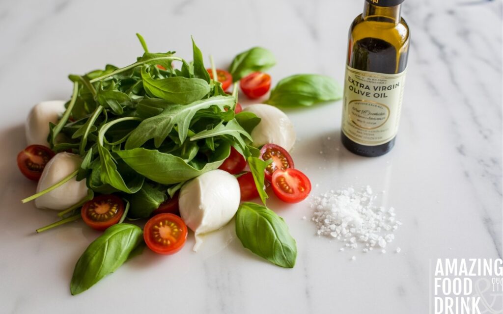 A photograph showcasing a close-up arrangement of fresh Italian salad ingredients on a pristine white marble surface. Vibrant green arugula leaves are scattered artfully, alongside juicy, ruby-red cherry tomatoes and creamy white balls of fresh mozzarella, accented by bright green basil leaves. A small, amber-colored bottle of "extra virgin olive oil" stands upright, its label partially visible, while a sprinkle of coarse sea salt adds texture and visual interest. Soft, natural light illuminates the scene, highlighting the vibrant colors and textures of the ingredients, creating a bright and appetizing image.