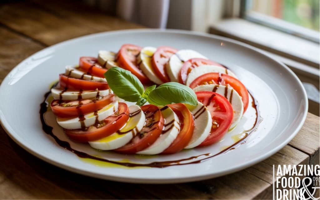 A photograph of a classic Caprese salad meticulously arranged on a pristine white ceramic plate. Alternating slices of creamy fresh mozzarella and vibrant, ripe tomatoes are artfully layered, generously scattered with fragrant green basil leaves. A delicate drizzle of golden olive oil and rich dark balsamic vinegar adds a glossy sheen, while soft natural light streams in from a nearby window, creating gentle shadows that highlight the salad's colors and textures. The plate rests on a rustic wooden table, offering a simple yet elegant backdrop.