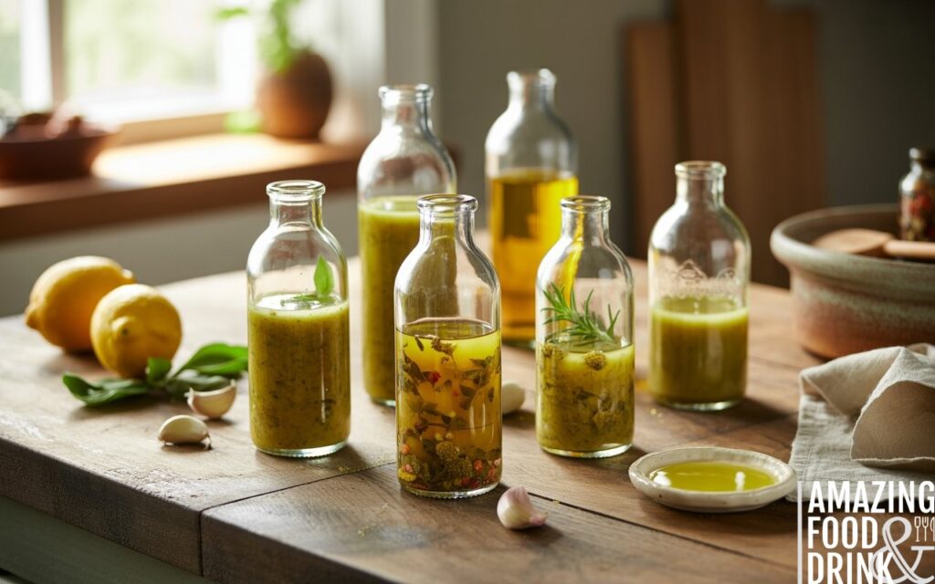 A photograph of several glass bottles filled with vibrant homemade Italian salad dressings, arranged artfully on a weathered wooden kitchen counter. Each bottle showcases a different dressing, with visible flecks of fresh basil, oregano, and rosemary suspended within the golden-green liquid. Beside the bottles are scattered ingredients including bright yellow lemons, whole cloves of garlic, and a small pool of glistening extra virgin olive oil, illuminated by soft natural light streaming through a nearby window. The counter is slightly cluttered with a linen tea towel and a rustic ceramic bowl, creating a warm and inviting culinary scene.