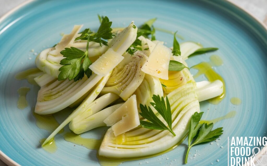 A photograph of an elegant fennel salad presented on a light blue ceramic plate. The salad features meticulously arranged, paper-thin slices of white fennel overlapping slightly, creating a delicate and textured pattern. Fresh, vibrant green parsley leaves and delicate Parmesan shavings are scattered artfully across the fennel, and a shimmering drizzle of golden olive oil catches the light. Bright, diffused natural light illuminates the scene, highlighting the salad's fresh ingredients and the clean lines of the plate.