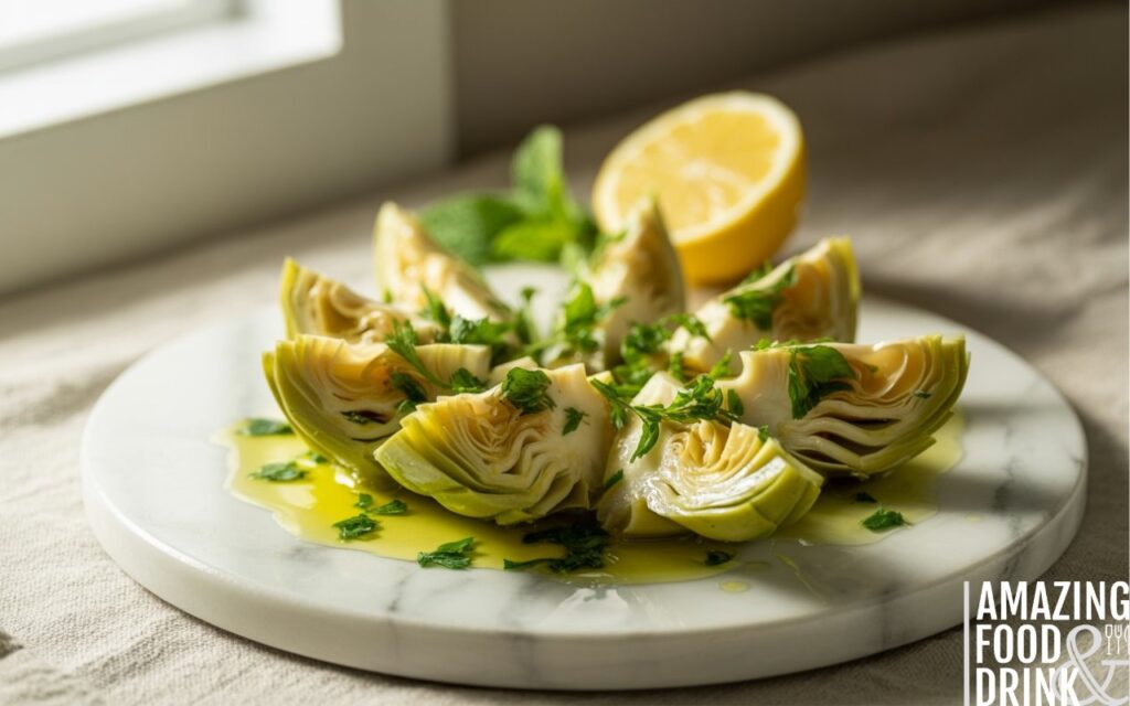 A photograph of a meticulously arranged artichoke salad presented on a pristine white marble plate. Tender, pale green artichoke heart slices are artfully arranged, sprinkled with vibrant, freshly chopped parsley and mint, and delicately drizzled with a glistening olive oil and lemon dressing. A bright yellow lemon half sits as a garnish beside the salad, while soft, natural light illuminates the scene from a window to the left, creating gentle shadows and highlighting the textures of the ingredients. The background is a softly blurred, neutral-toned linen tablecloth, allowing the focus to remain squarely on the salad's elegant presentation.