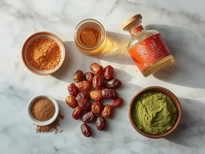 Middle Eastern baking ingredients including mahlab spice, orange blossom water, rose water, and date paste for authentic cookies