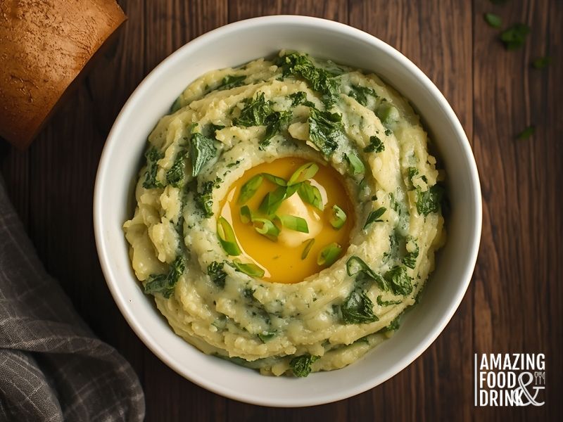  Traditional Irish colcannon with melted butter well and spring onions garnish