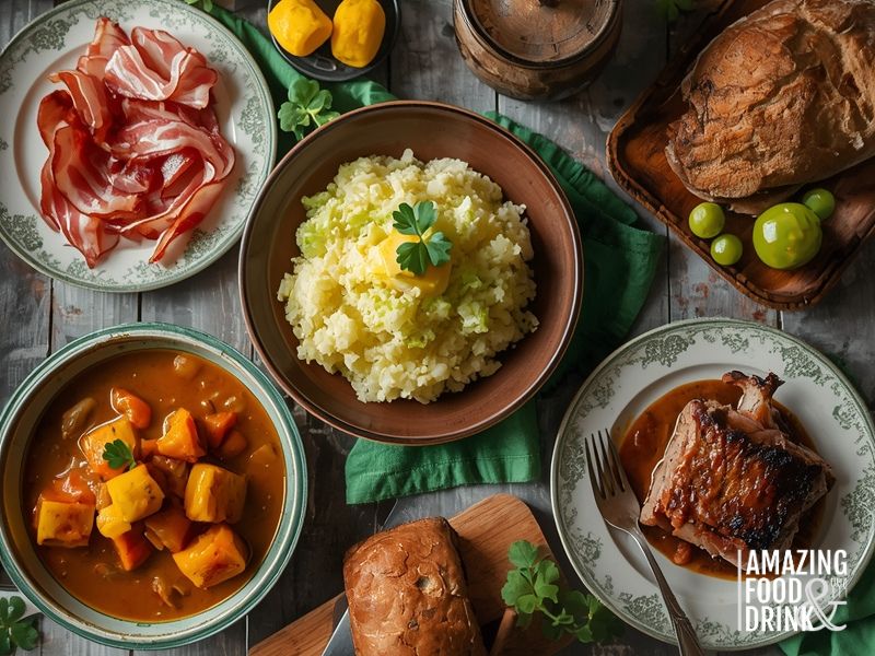 Authentic Irish St Patrick's Day meal with traditional bacon and cabbage, colcannon and Irish stew